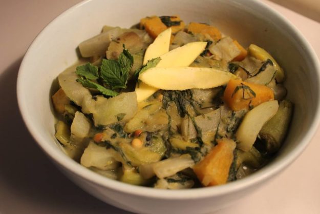 Seasonal vegetables cooked with mango leaves
