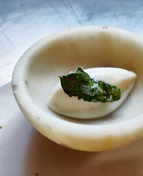 Charanamrit sorbet with candied tulsi leaves